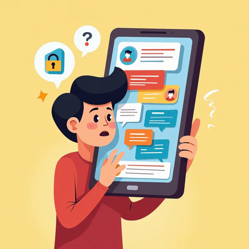 Colorful cartoon illustration: a smartphone screen crowded with popup ad banners and unwanted message icons, a small padlock symbol in one corner representing a frozen account, a slightly overwhelmed young person holding it, warm bright colors, modern illustration style, no text