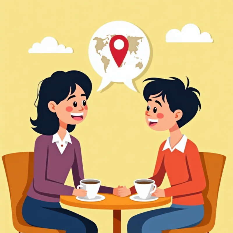 Colorful cartoon illustration: two people, one East Asian and one Western, meeting in person at a sunny cafe table with coffee cups, a map pin icon floating above them, both smiling and talking, warm bright colors, modern illustration style, no text