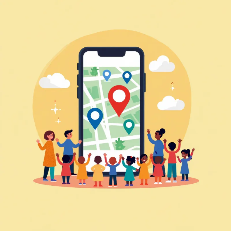 Colorful cartoon illustration: a smartphone showing a friendly map interface dotted with colorful location pins representing nearby people, a diverse group of small cartoon figures around the edges waving, warm bright colors, modern illustration style, no text