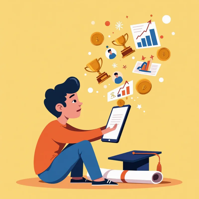 Colorful cartoon illustration: a young person sitting on the floor looking at a smartphone with other people's shiny trophies, coins and rising charts floating out of it, the person looks small and a little uncertain, a rolled graduation scroll beside them, warm bright colors, modern illustration style, no text