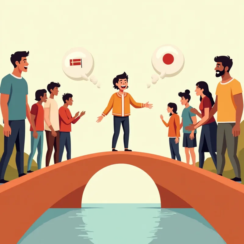 Colorful cartoon illustration: one friendly person standing on a bridge connecting two groups of diverse people on either side, one group East Asian and one group Western, the bridge person smiling and gesturing warmly between them, speech bubbles floating above, warm bright colors, modern illustration style, no text