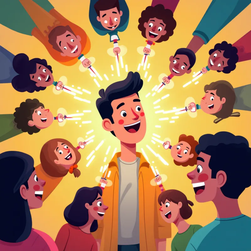 Colorful cartoon illustration: a cheerful person in the center connected by glowing lines to many diverse smiling people around them, small door and lightbulb icons appearing along the connection lines to represent new opportunities, warm bright colors, modern illustration style, no text
