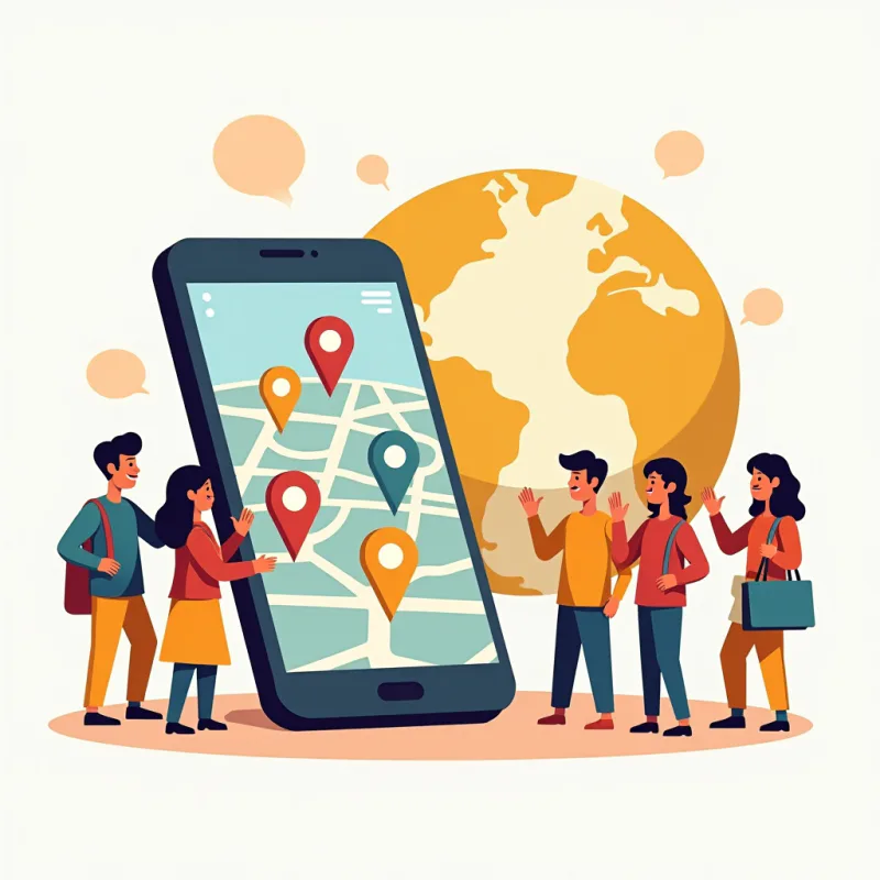 Colorful cartoon illustration: a smartphone showing a friendly city map dotted with colorful location pins representing nearby people, a diverse group of small cartoon figures around it waving and chatting, a soft globe in the background, warm bright colors, modern illustration style, no text