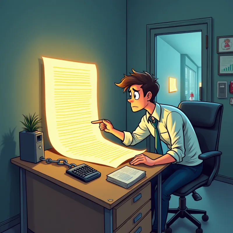 A tired worker chained to a heavy desk by a giant glowing document, a small hopeful version of themselves far ahead