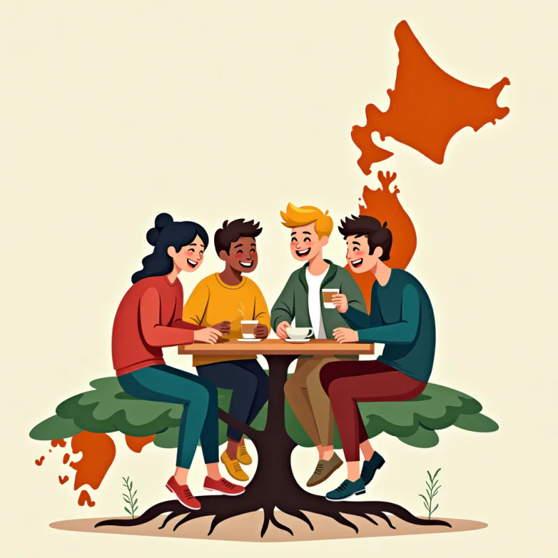 A diverse group of friends laughing over coffee on a stylized map of Japan, warm roots growing beneath them