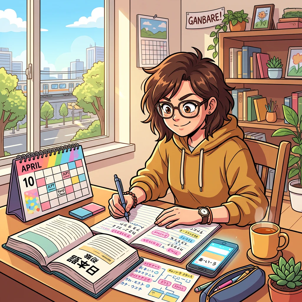 A determined foreign learner at a desk with a Japanese language textbook, calendar, phone, and colorful study notes, bright morning room, colorful manga-style cartoon illustration, no text