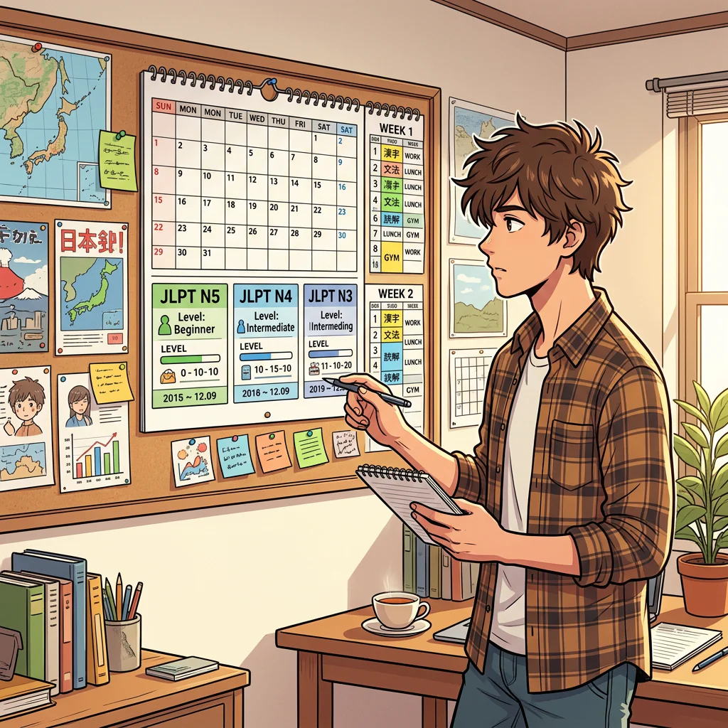 A foreign learner comparing Japanese test levels on a wall calendar, realistic weekly schedule, small study blocks highlighted, cozy apartment, colorful manga-style cartoon illustration, no text