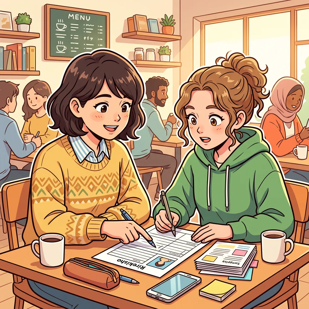 Two friends review one small section of an application over coffee.