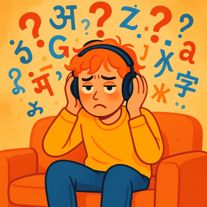 Overwhelmed language learner surrounded by floating words