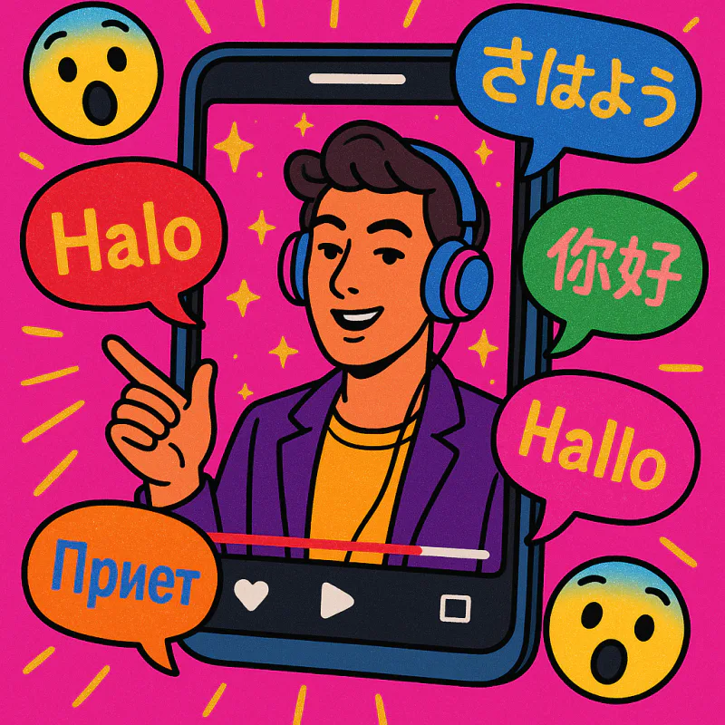 Pop-art collage illustration of a smartphone screen showing a viral polyglot influencer video, speech bubbles in different languages floating around, shocked reaction emojis, view counter, fake glamorous vibe, bright neon colors, modern graphic design style, no readable text