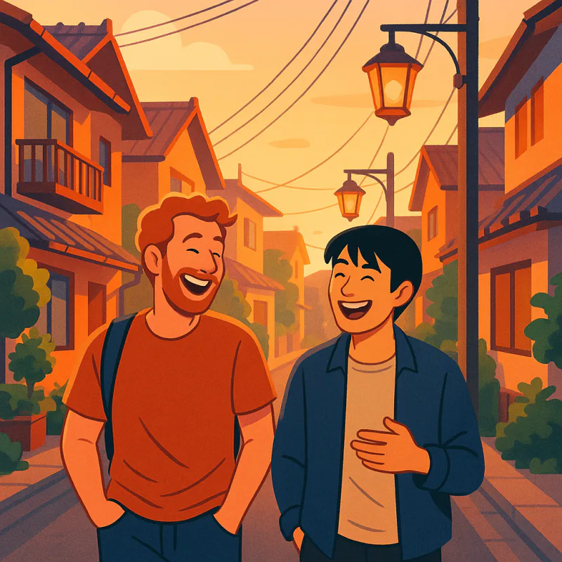 A foreigner and a Japanese friend walking together through a Tokyo neighborhood at golden hour, mid-conversation, easy body language, both laughing about something one of them just said, unhurried, modern illustration style with warm sunset tones, sense of comfort and real connection