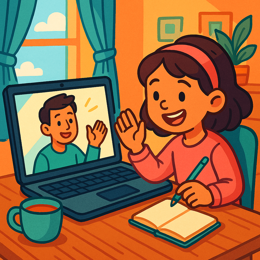 A learner on a video call with another person, both smiling and gesturing while talking, laptop and tea on the table, cozy room, warm bright colors, modern cartoon illustration, no text