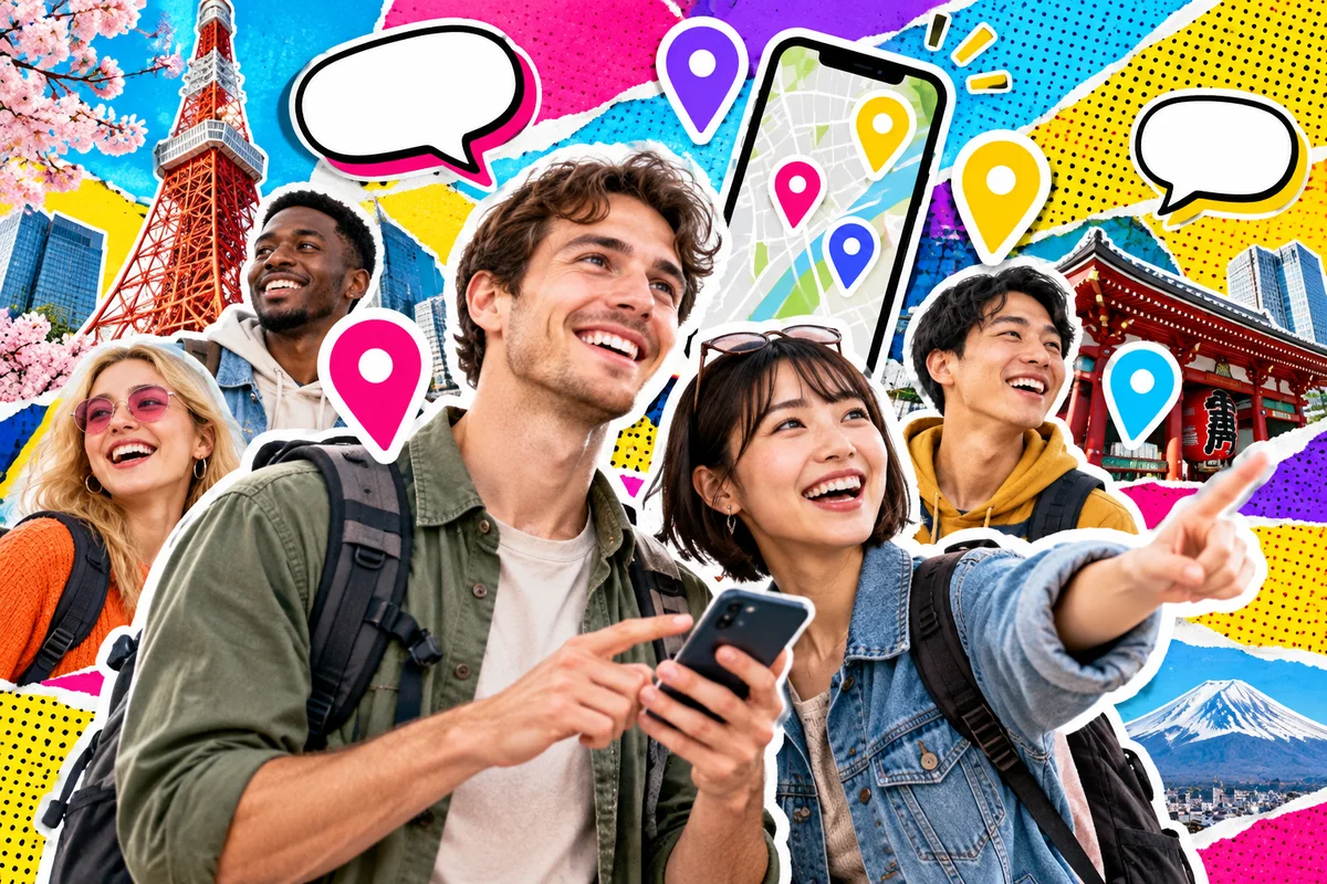 A traveler and Japanese friends exploring a city with a phone, map pins and landmarks in a colorful photo collage