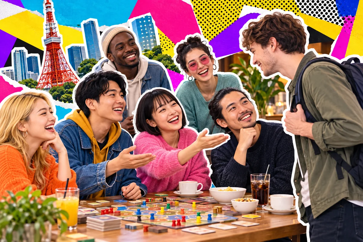 Japanese and international friends welcoming a backpacker to a board game meetup in a cafe