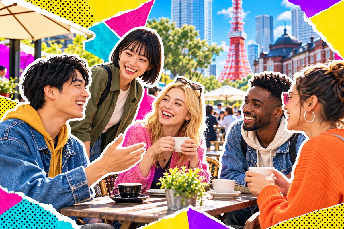 Japanese and international friends talking over coffee at a sunny outdoor cafe in a public square