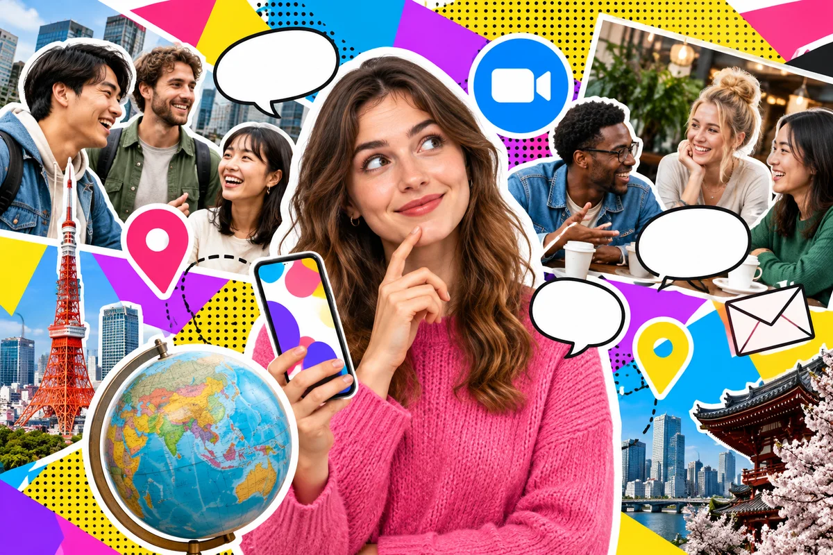 Woman comparing ways to meet international friends on her phone