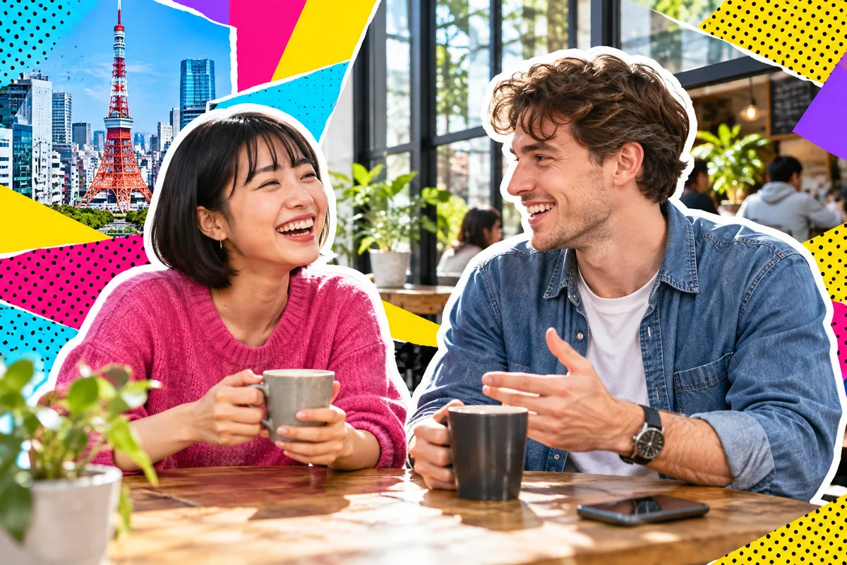 Japanese and American friends laughing over coffee