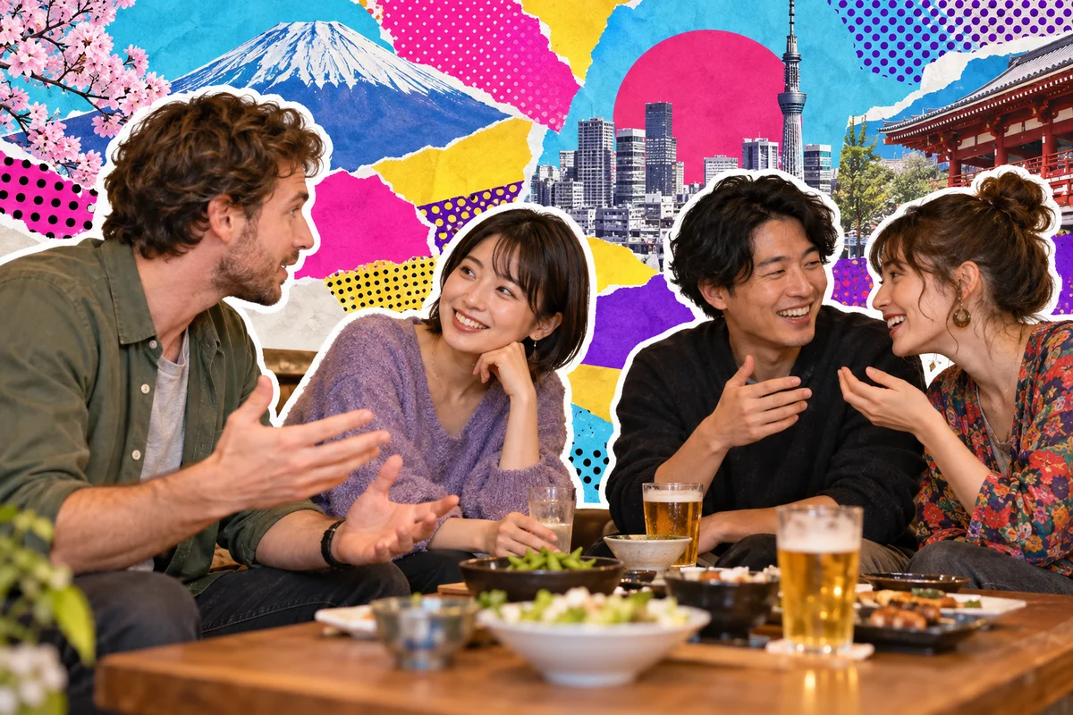 Japanese and international adult friends sharing a relaxed conversation around a cafe table