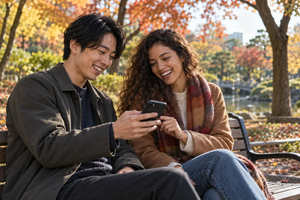 A Japanese man and a woman from abroad laughing together on a park bench in Tokyo in autumn