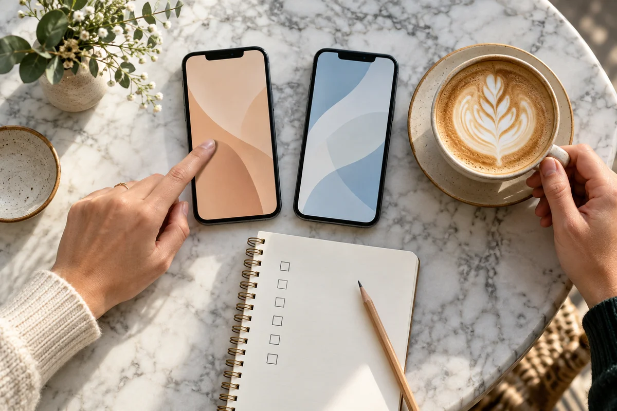 Two phones, a coffee and an empty checklist on a cafe table while comparing friendship apps