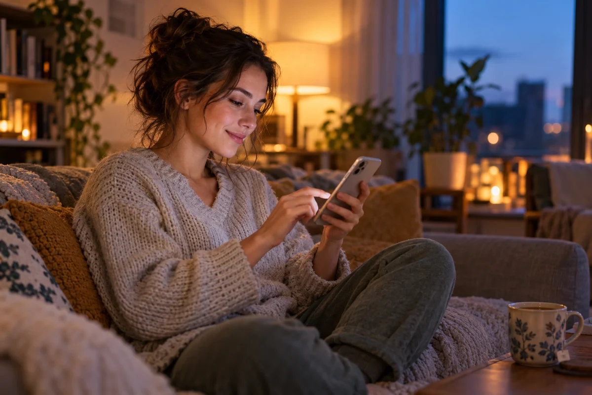 A young woman on her sofa in the evening thoughtfully browsing profiles on her phone