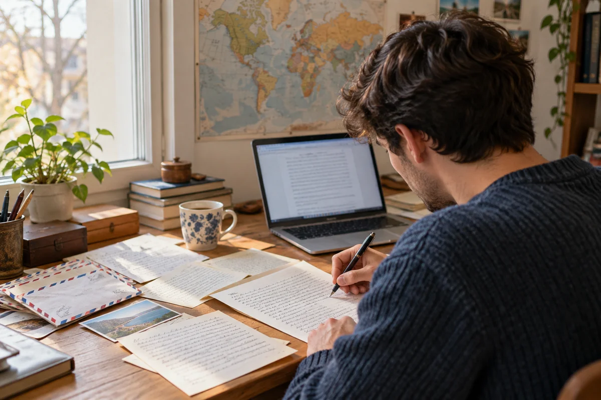 A young man writing a long message at a desk by the window, with letters and airmail envelopes beside his laptop