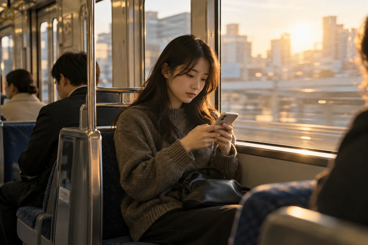 A young adult calmly typing on a phone by the window of a commuter train in Japan