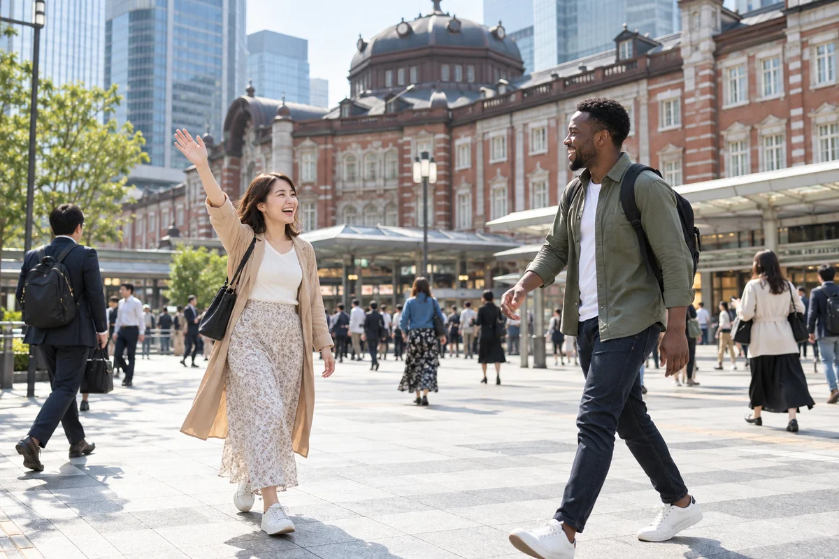 A Japanese woman waving as a friend from abroad she met online walks up to meet her outside a Tokyo station