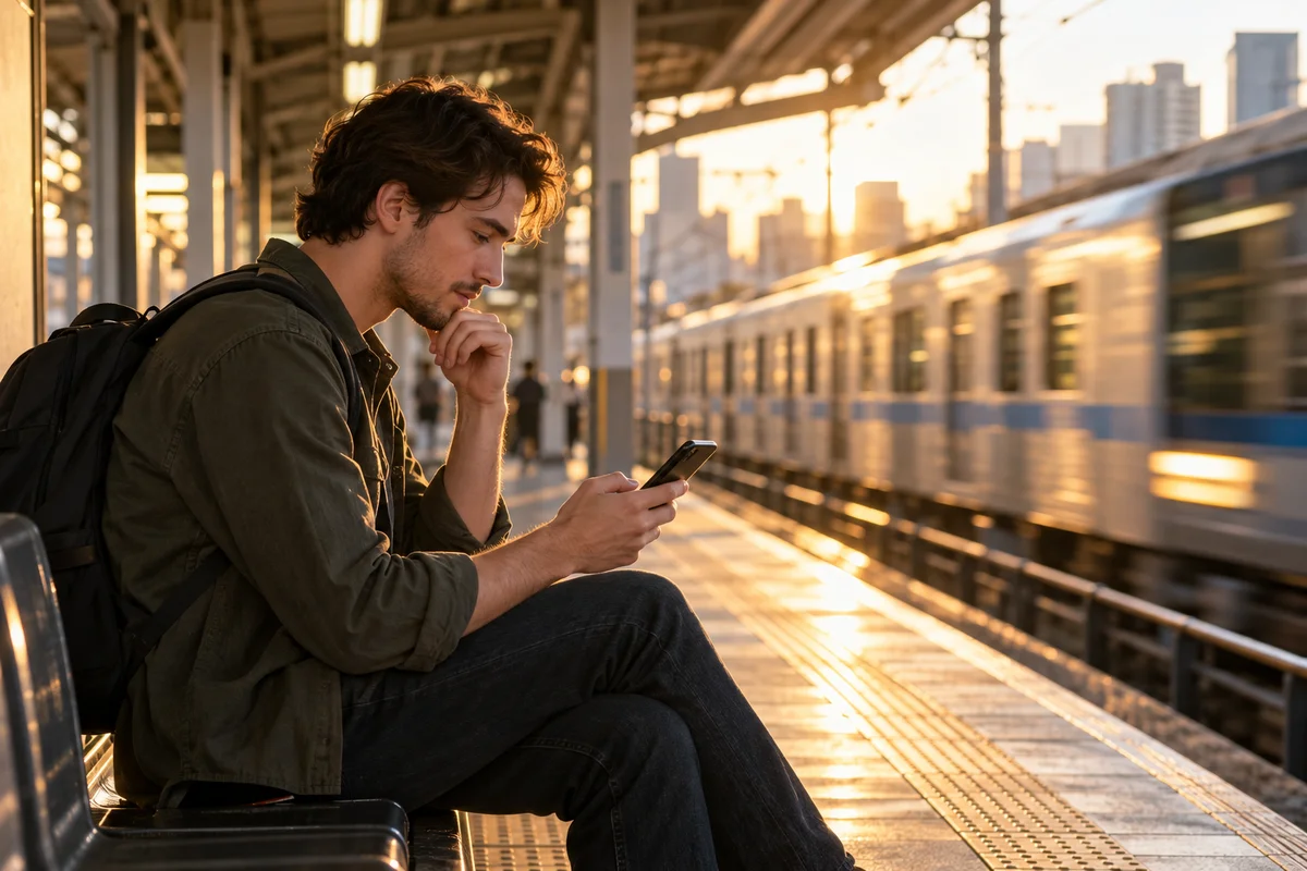 A young foreign man on a Tokyo train platform bench browsing his phone as a train arrives