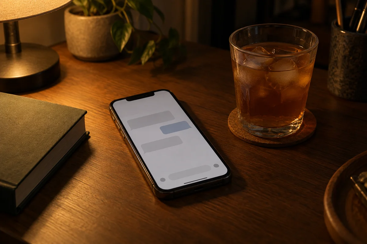 A phone on a desk at night showing a chat that went quiet, next to a glass of iced tea