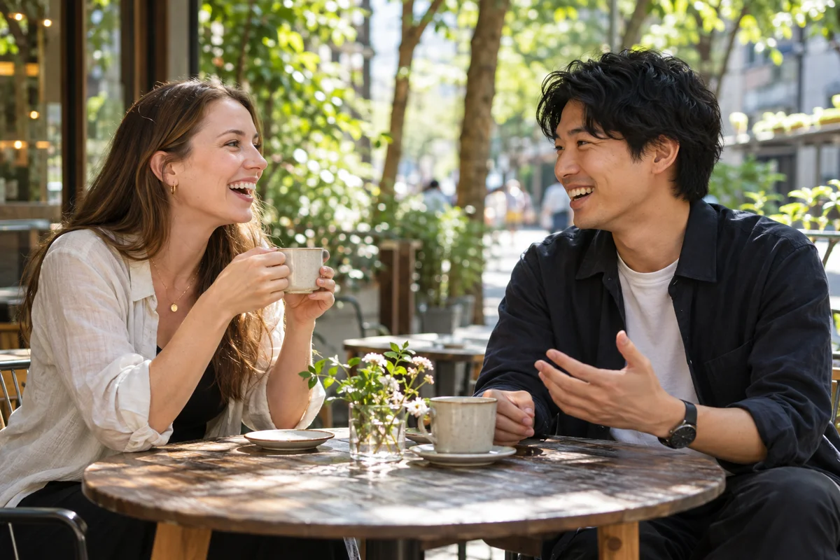A woman from abroad and a Japanese man laughing over coffee at an outdoor cafe on a leafy Tokyo street