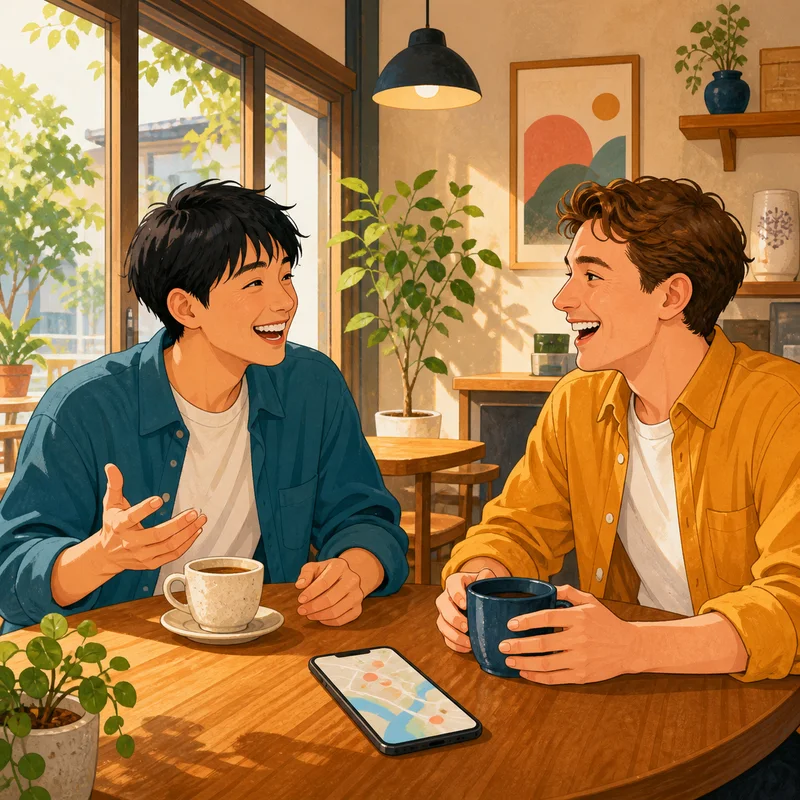 An American and Japanese friend meeting over coffee