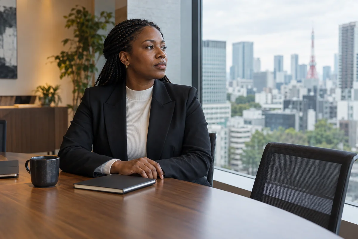 A Black professional sitting quietly beside an office window in Tokyo after a meeting