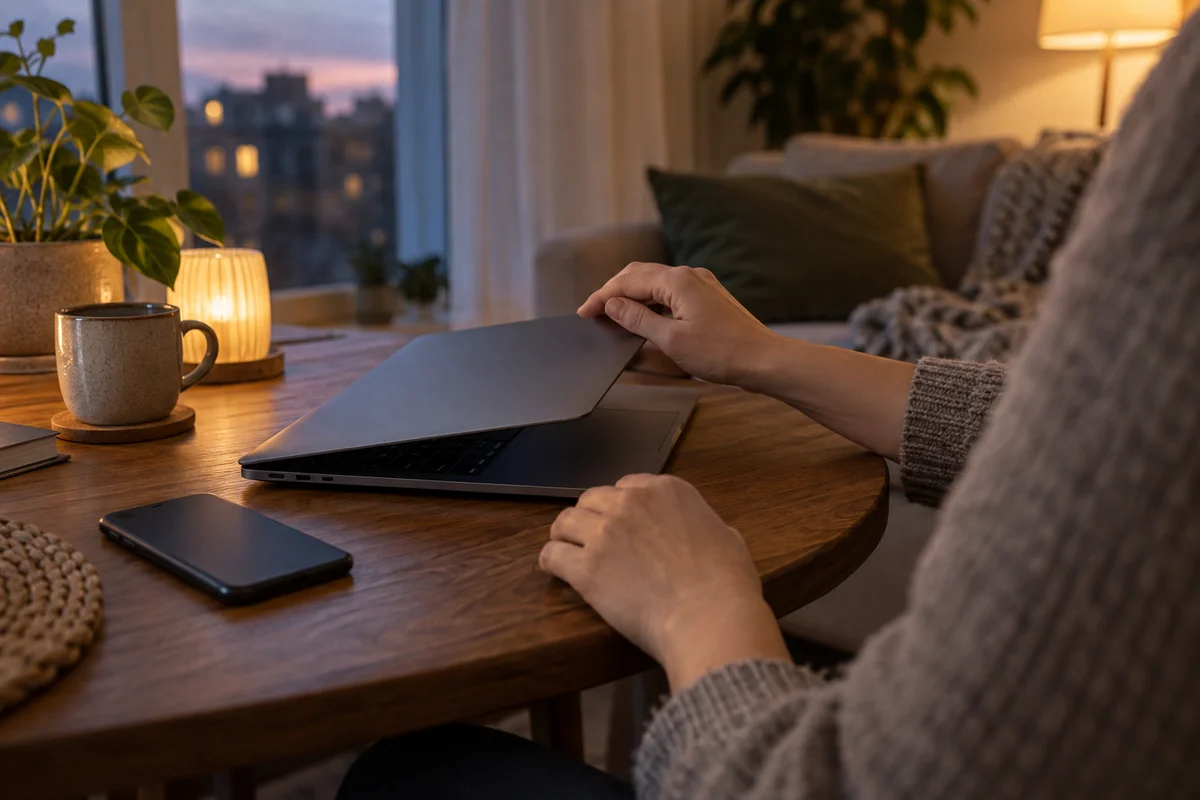 Close-up of hands closing a laptop beside a face-down phone in a softly lit apartment