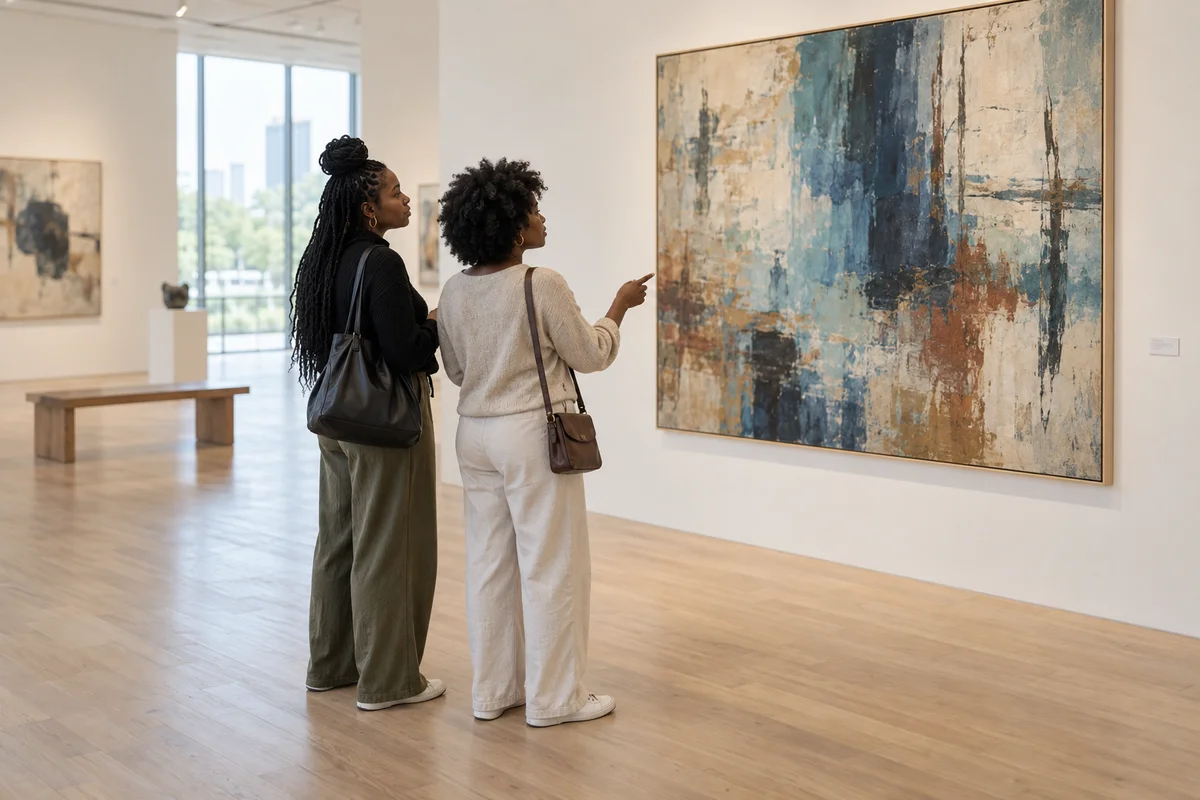 Two Black women looking at an abstract painting together in a bright, quiet art gallery