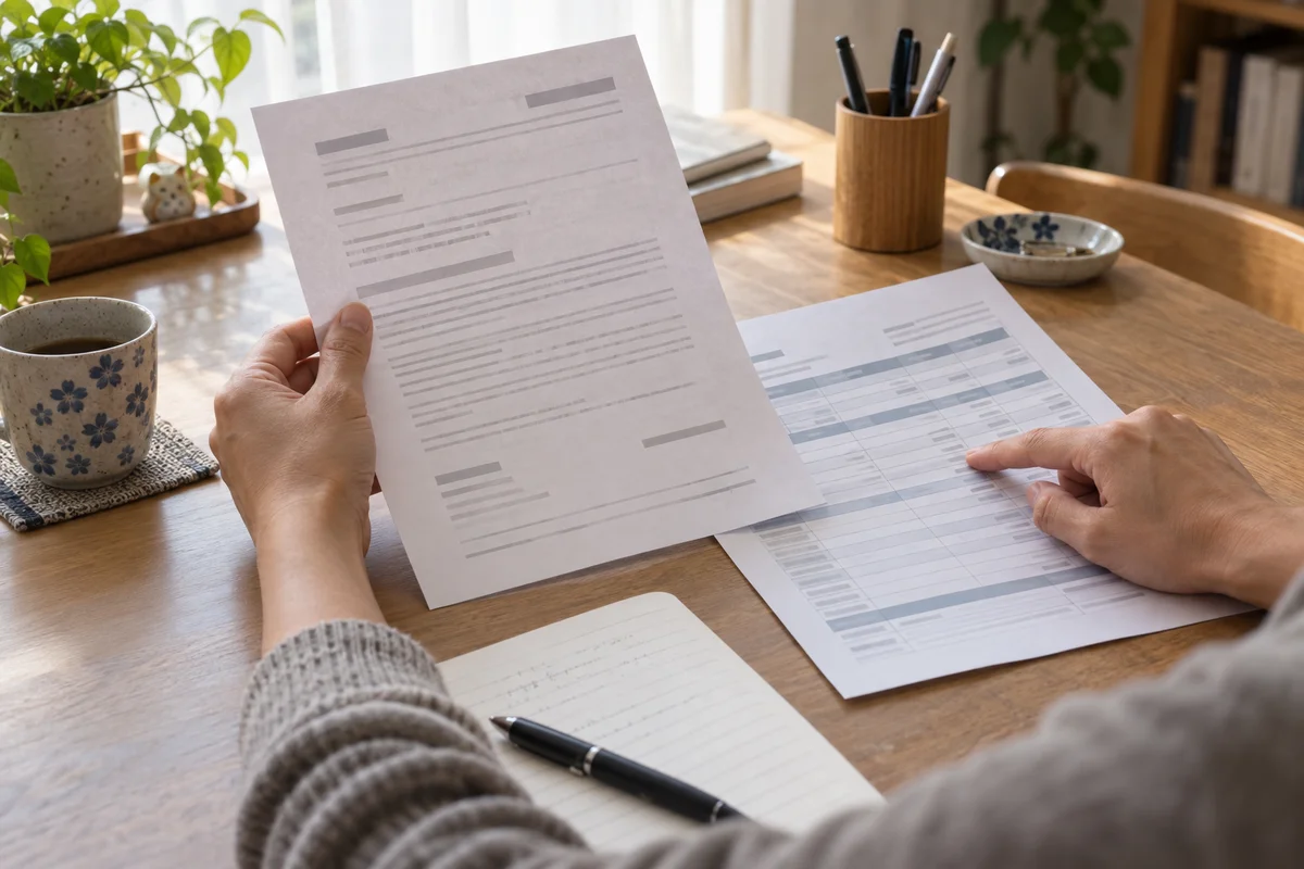 Hands comparing employment paperwork at a pale wooden desk in soft morning light