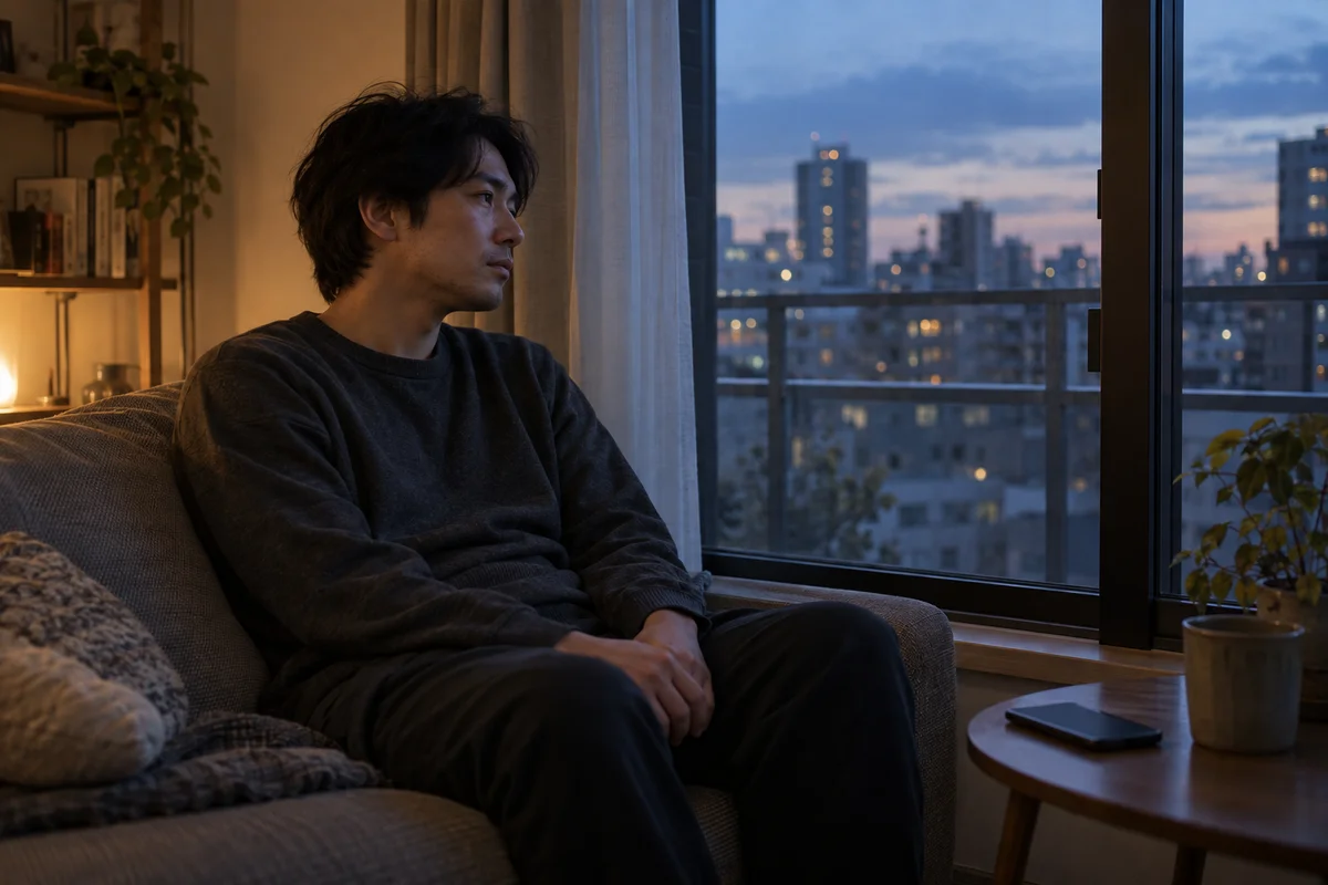 A man sitting alone by an apartment window at dusk, with a phone resting untouched beside him