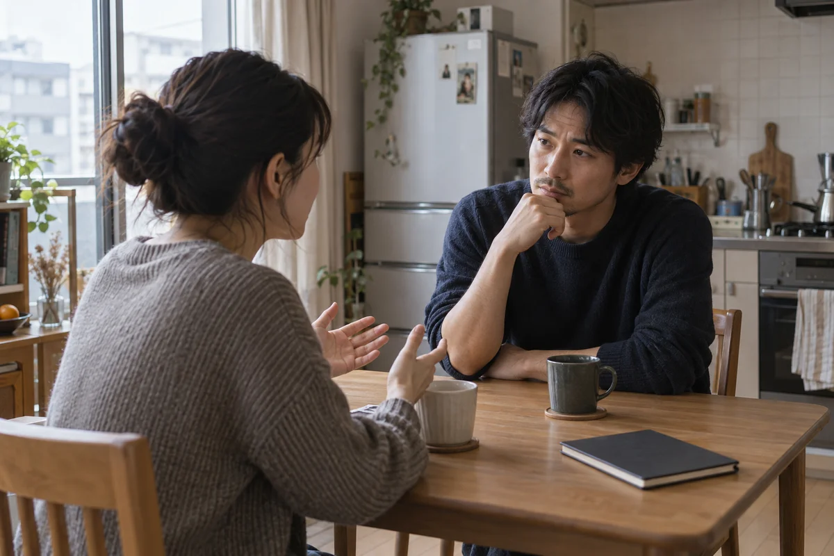 Two adults having a serious, attentive conversation across a small kitchen table in soft daylight