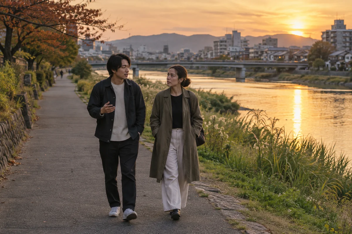 Two friends walking beside a Japanese riverside at sunset, one listening while the other talks