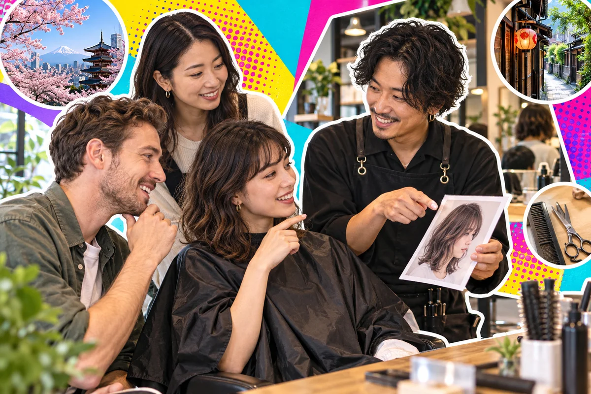 A client and hairstylist looking together at hairstyle reference photos before a haircut
