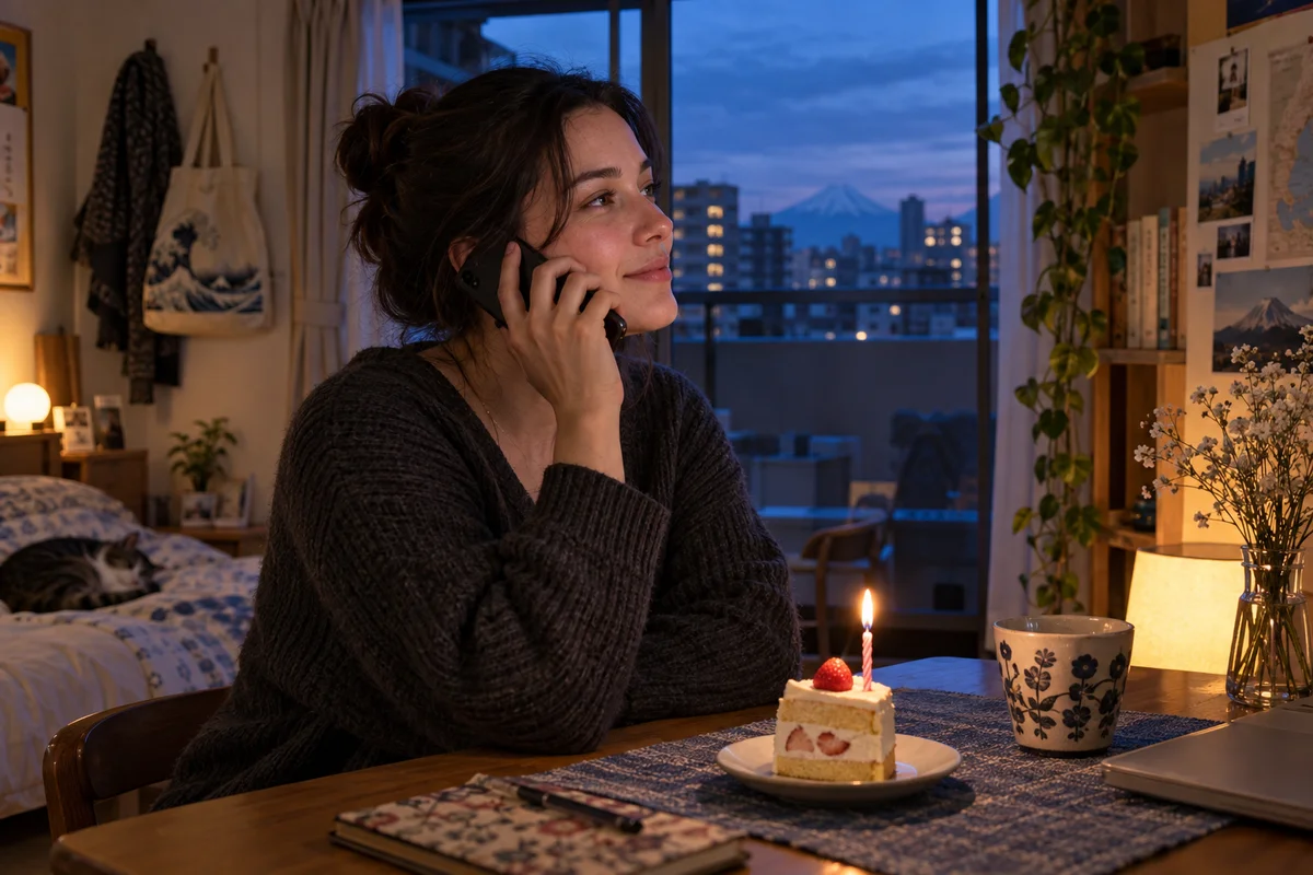 An international resident enjoying a quiet birthday cake and a call with a friend in a cozy apartment