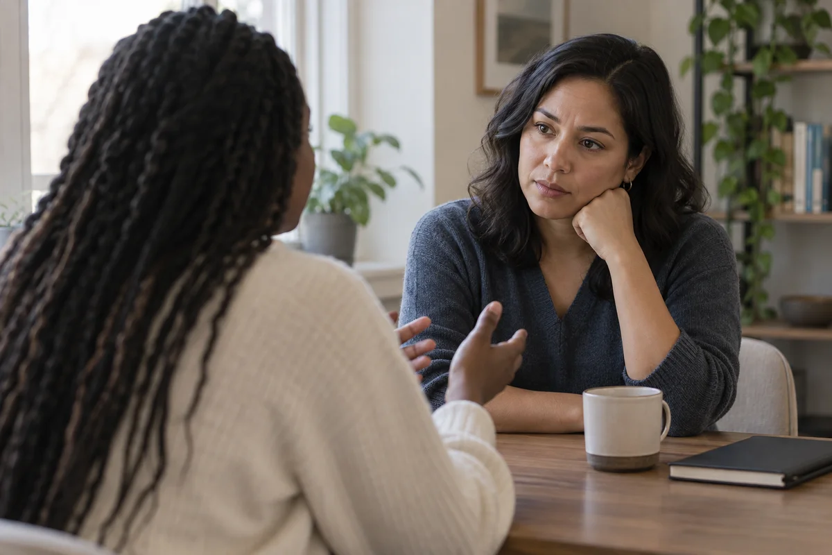An adult talking privately with a supportive friend at a quiet table, with a closed work notebook nearby