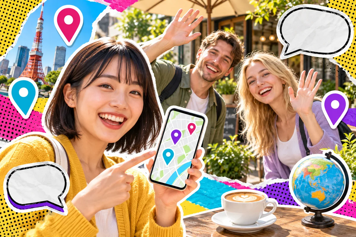 Woman using a map to find nearby international friends