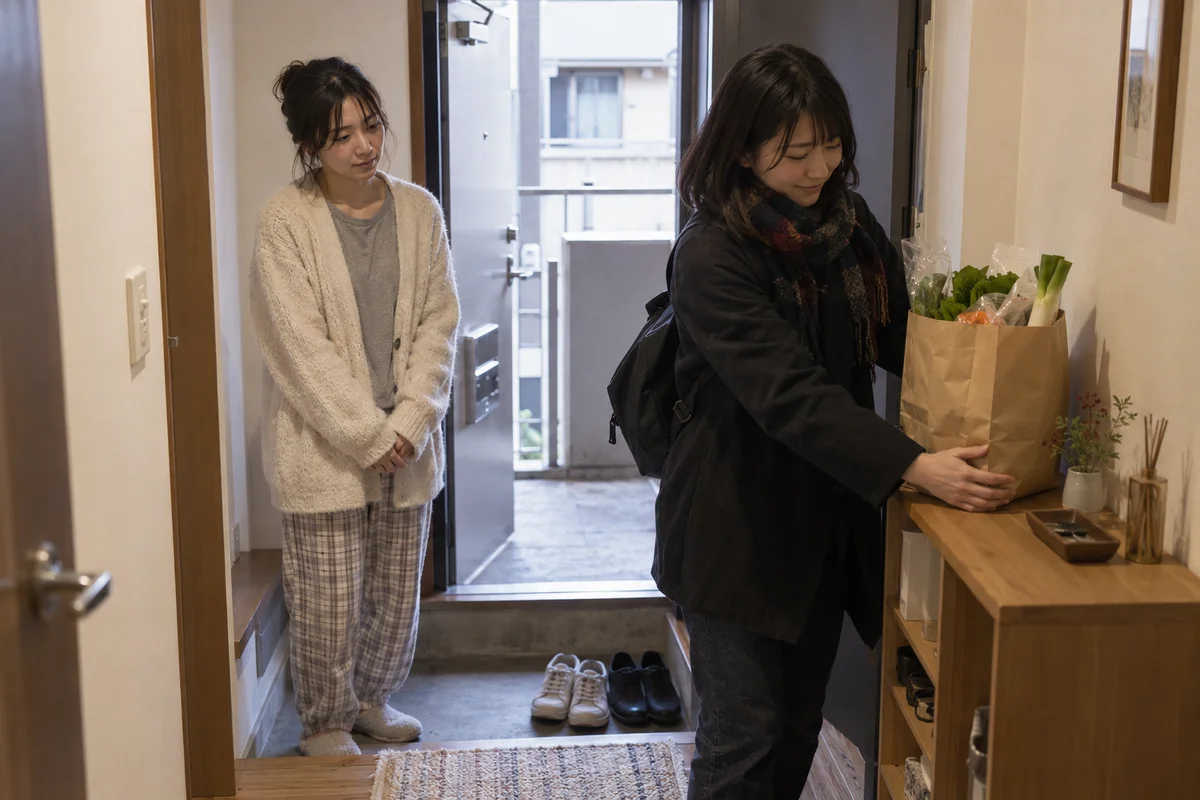 A friend placing a paper bag of groceries on a shelf beside the entrance of a Japanese apartment while the resident waits nearby