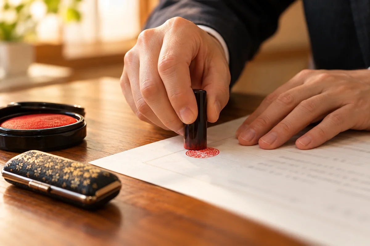 Close-up of hands carefully pressing a red name seal onto a paper document on a wooden office desk