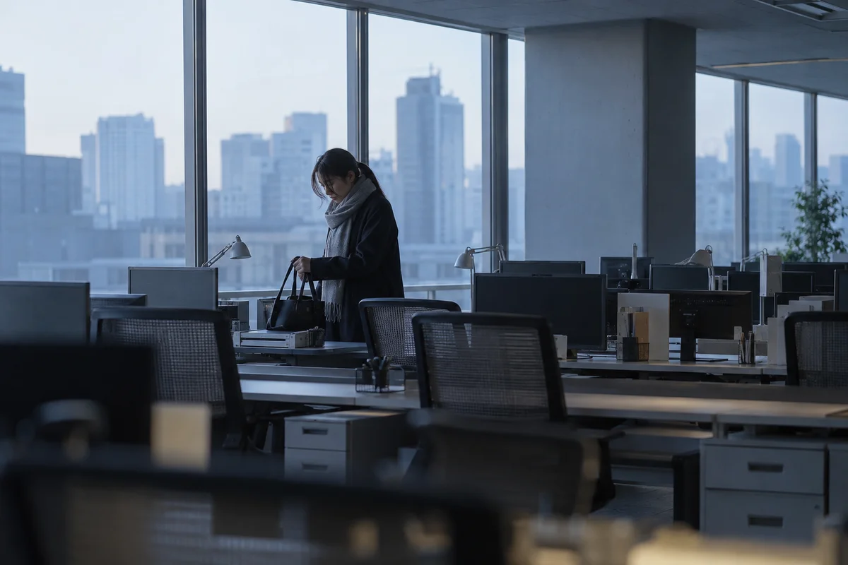 An almost empty office in cold early morning light, a lone worker arriving at a desk before the shift begins