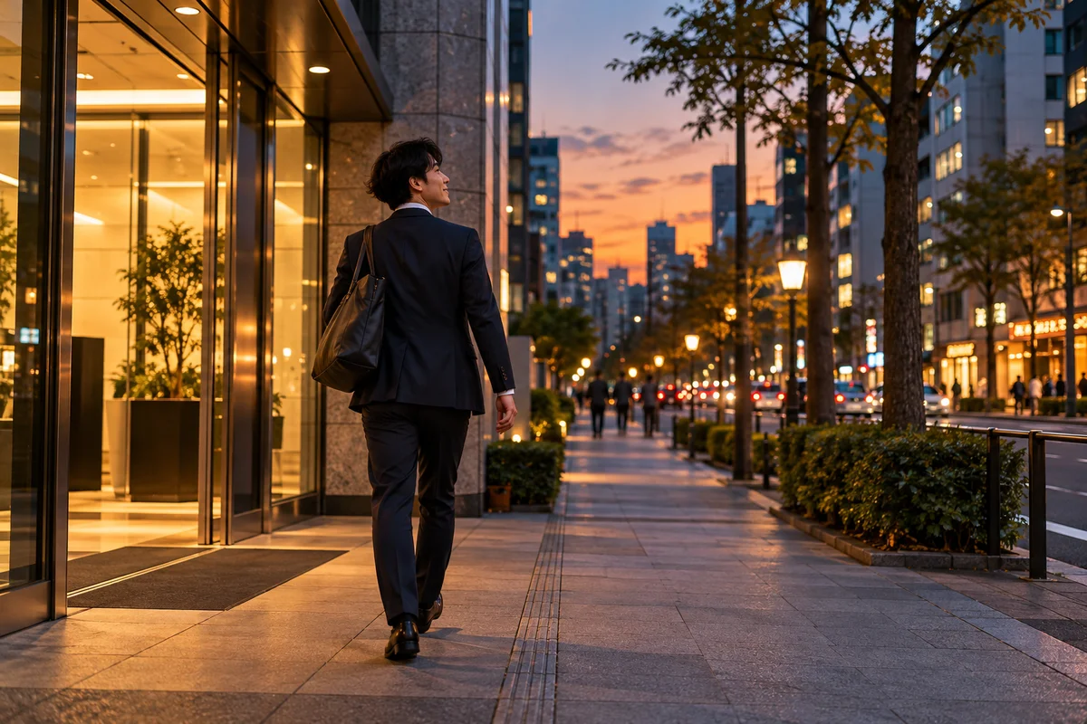A person walking out of an office building at dusk, bag over shoulder, city lights coming on along the street