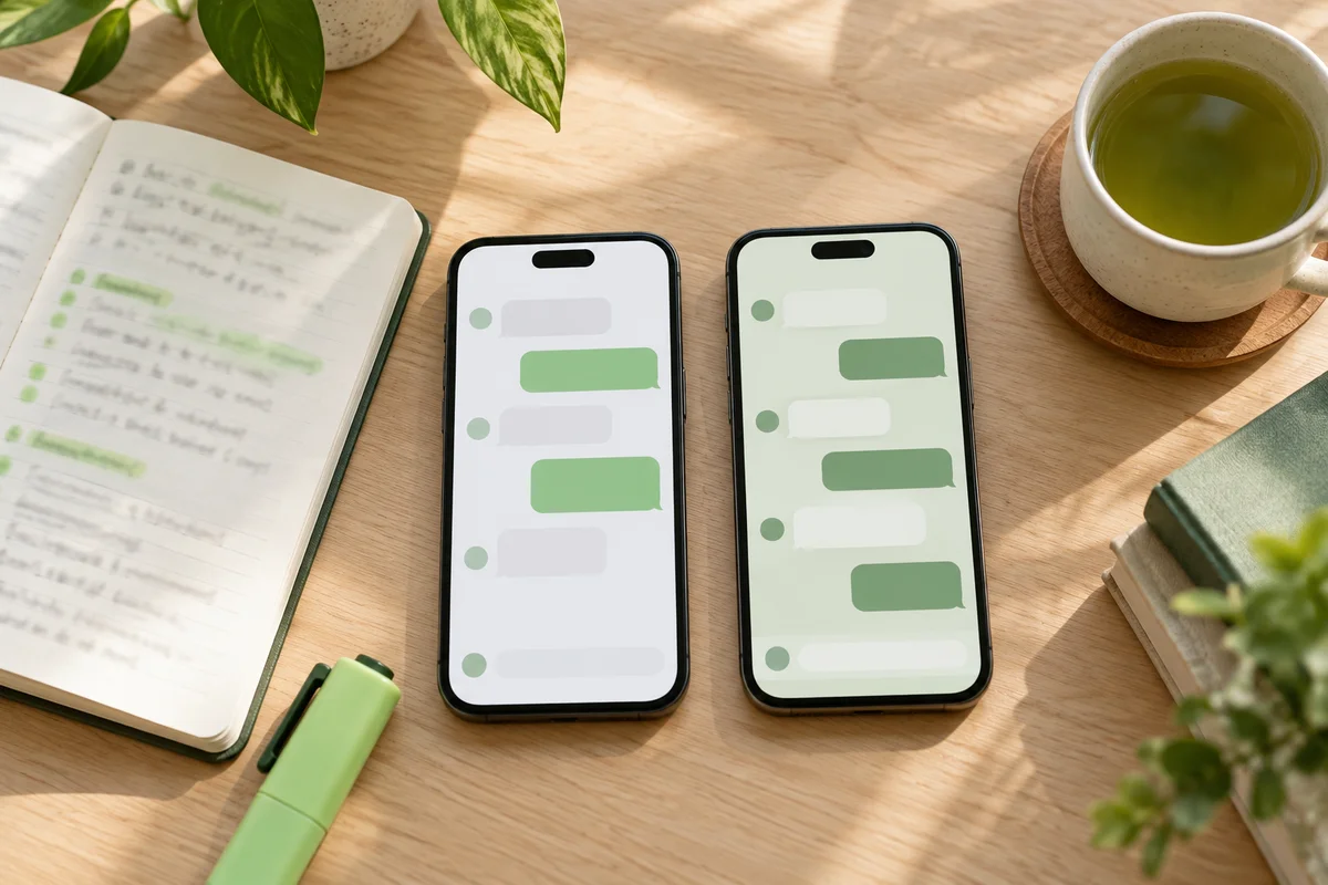 Two phones side by side on a study desk with an open notebook, a highlighter and a cup of green tea