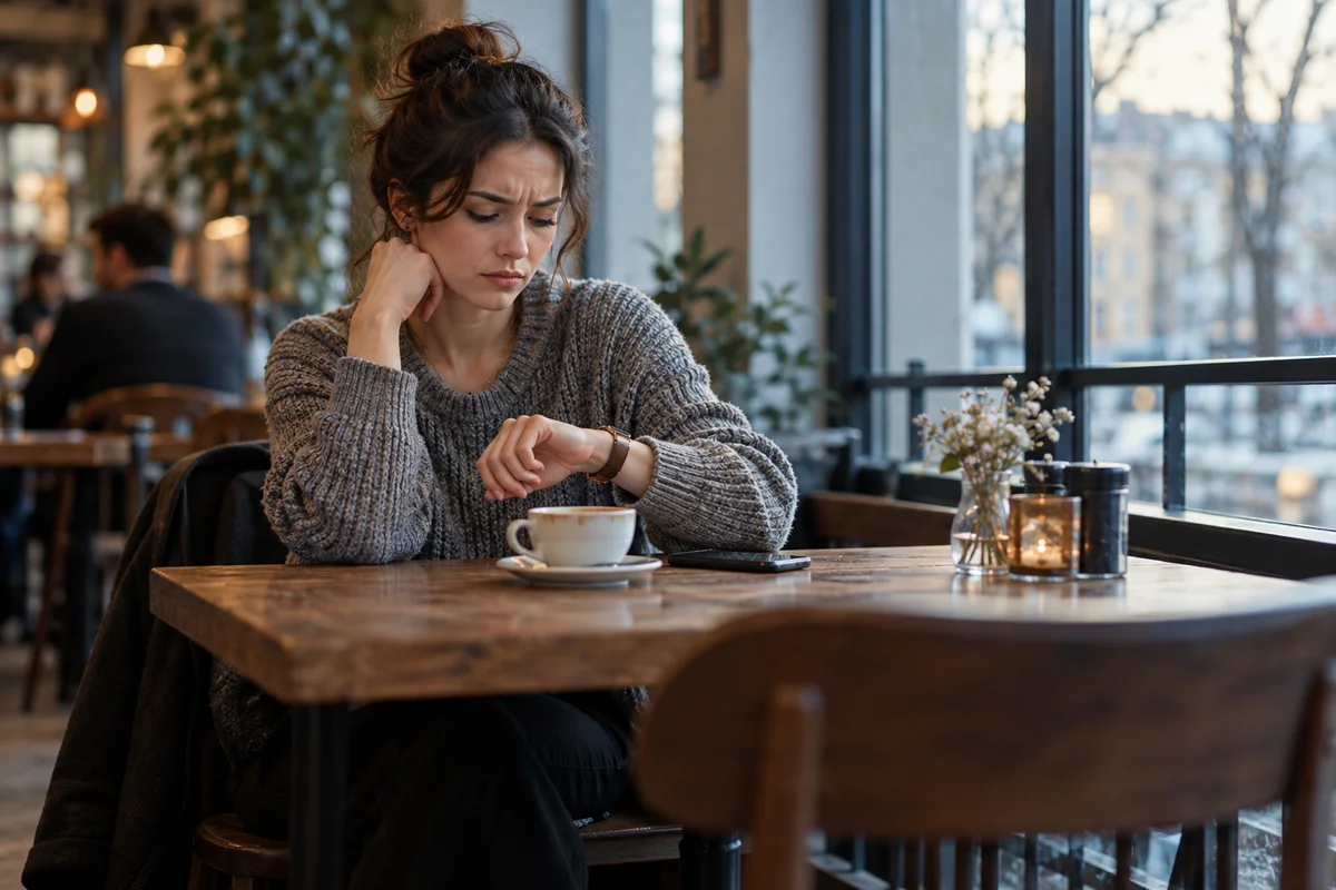 A young woman alone at a cafe table checking her watch, an empty chair across from her