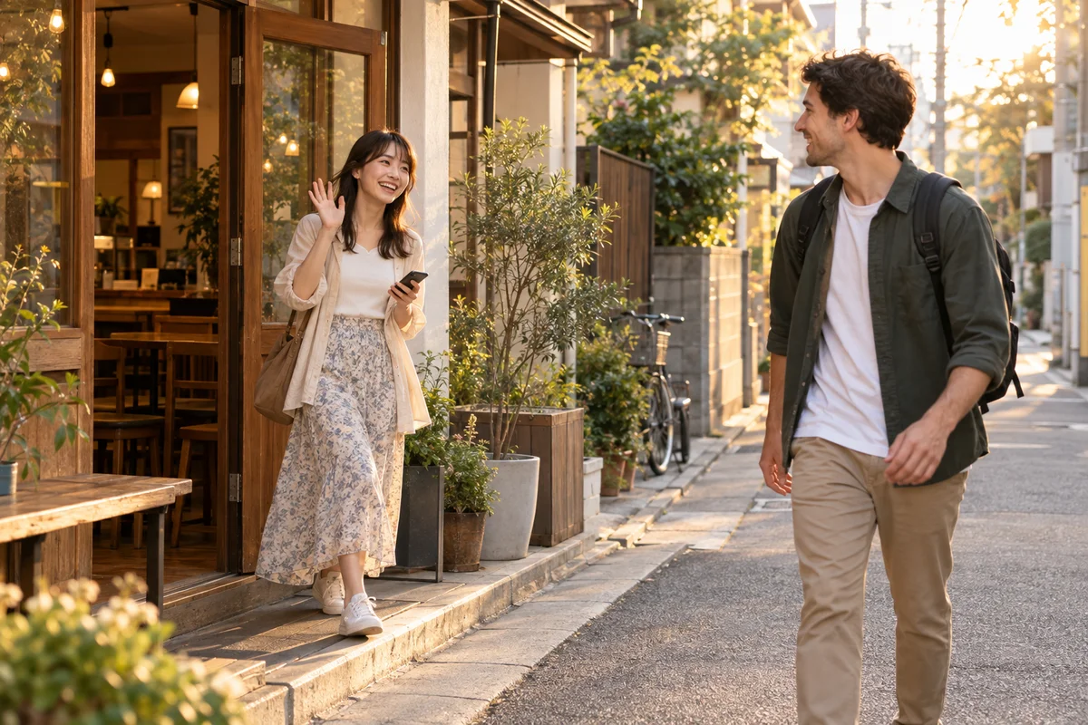 A young woman leaving a small cafe waves to a new friend from abroad walking up to meet her on a quiet street
